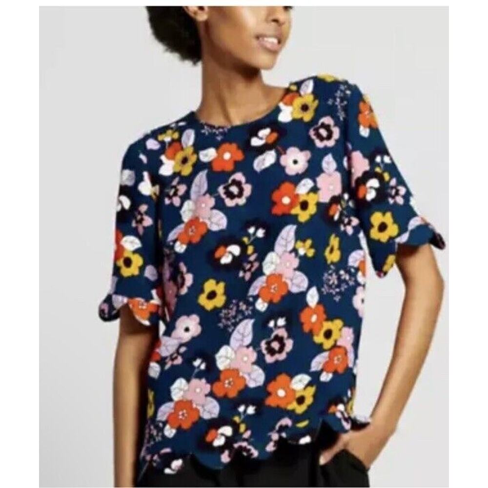 Victoria Beckham for Target Floral Scalloped Hem Blouse Navy Blue 2X Plus Size